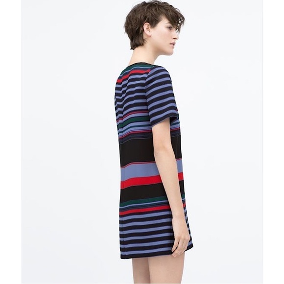Zara Woman Blue Red Black Striped Short Sleeve Shift Dress Size M Preppy Classic - Picture 9 of 9